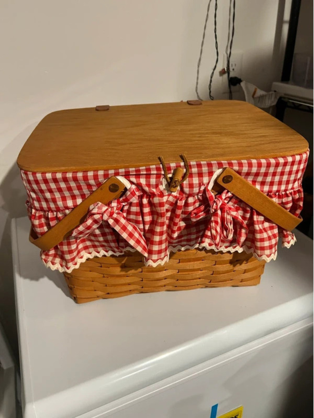 Longaberger large picnic basket with red gingham cottage core liner